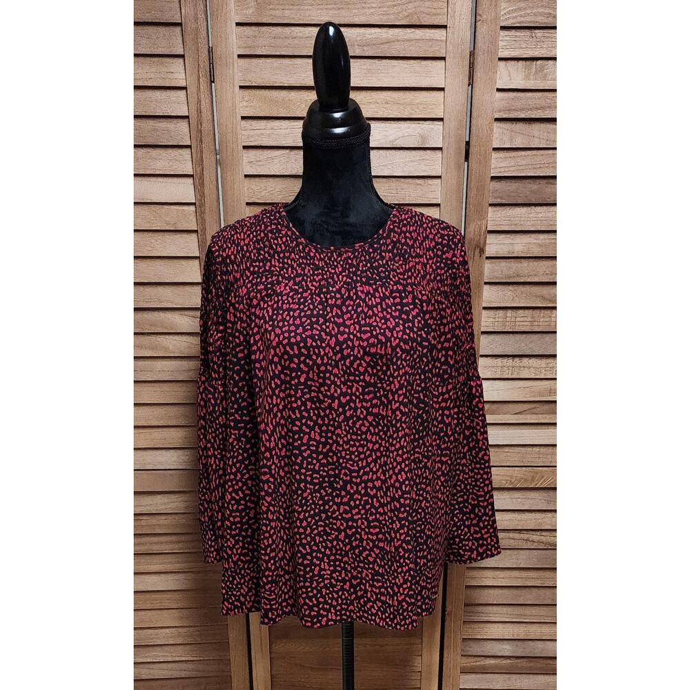 Michael Kors Womens Blouse Medium Animal Print Black Red Smocked Top 3/4 Sleeve